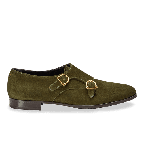 15mm Italian Made Almond Toe Double-monk strap Loafer Flat in Olive Crosta