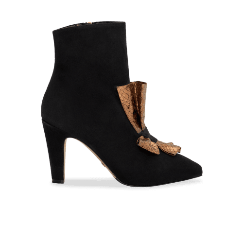 Perfect Abigail Bow Bootie 90 in Black Suede and Gold Embossed Leather