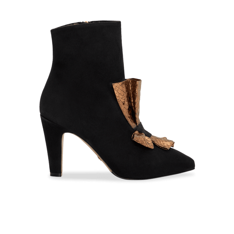 Perfect Abigail Bow Bootie 90 in Black Suede and Gold Embossed Leather